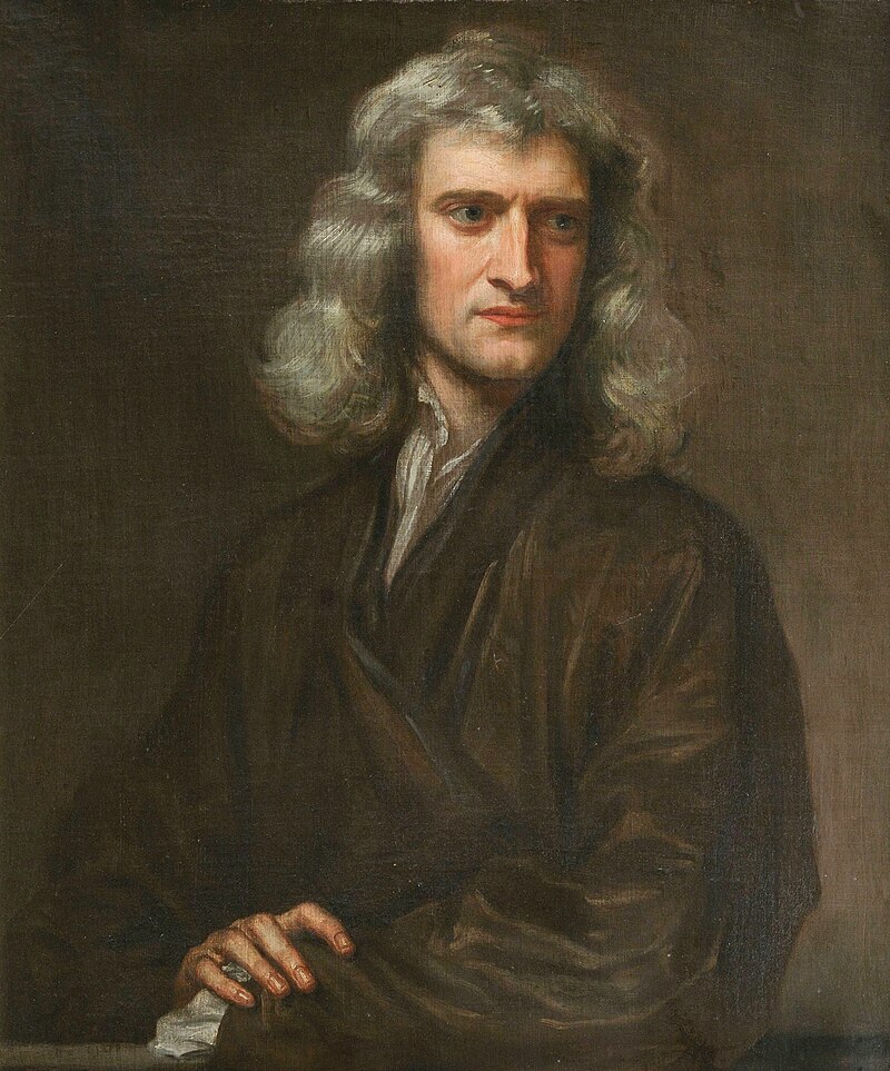 Oil painting portrait of Sir Isaac Newton wearing a black robe.